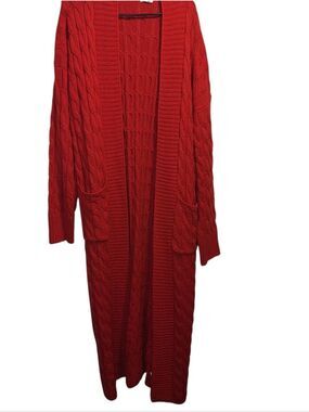 Long Red Cable-Knit Open Cardigan Sweater Duster  Large